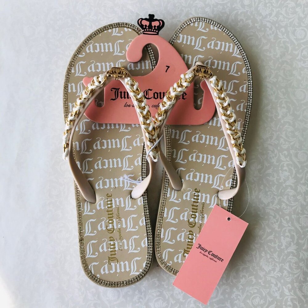 Juicy Couture Beige Tan Brown Flip Flops Gold Crown Women Shoes Size 7 NWT
